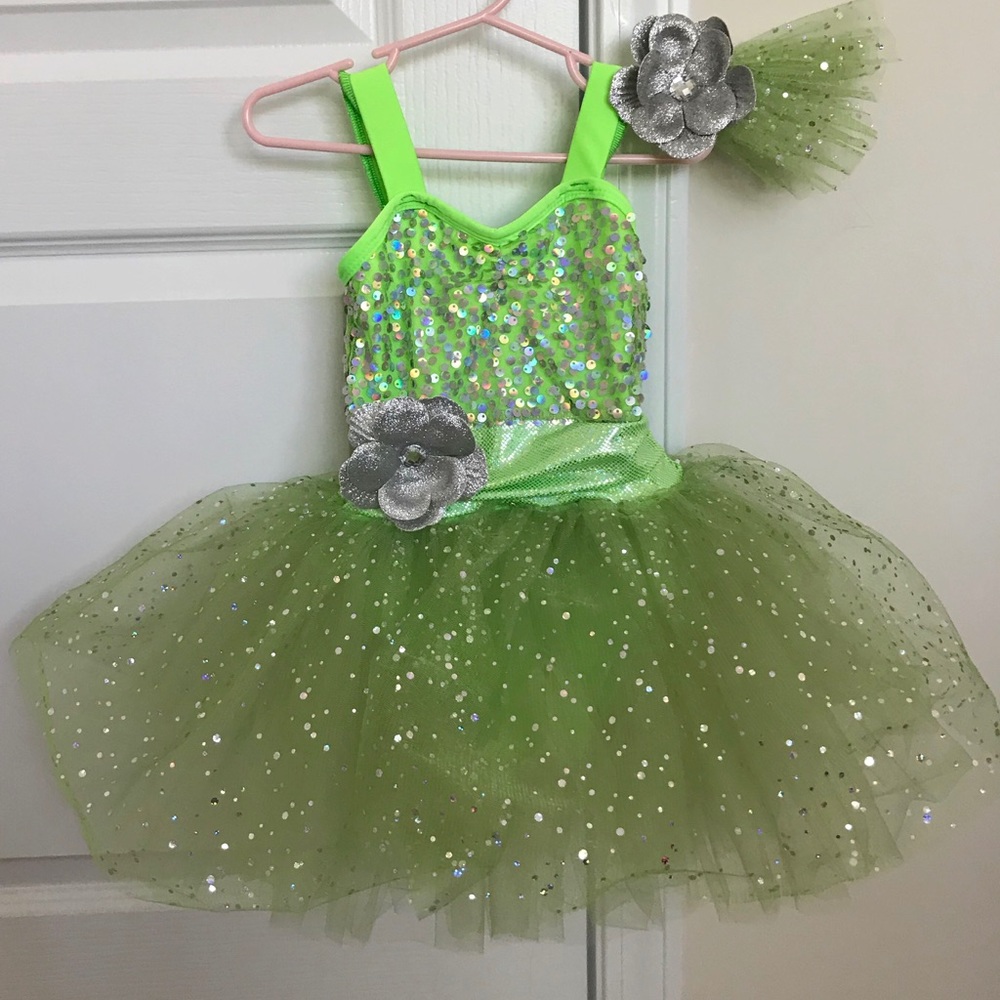 EUC 2t Tinker Bell Dance Costume & matching bow